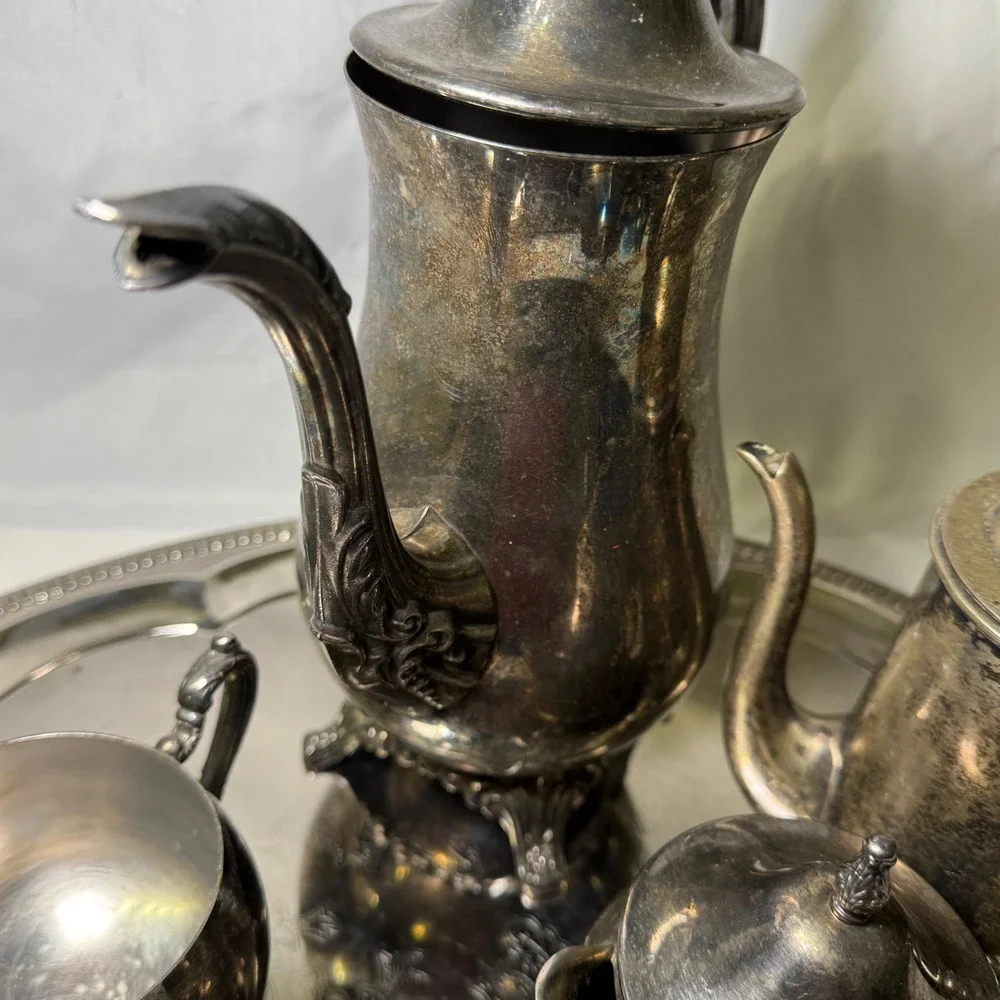 Vintage Oneida Silver Plate Tea Coffee Service Set with Etched Serving Tray 5pc